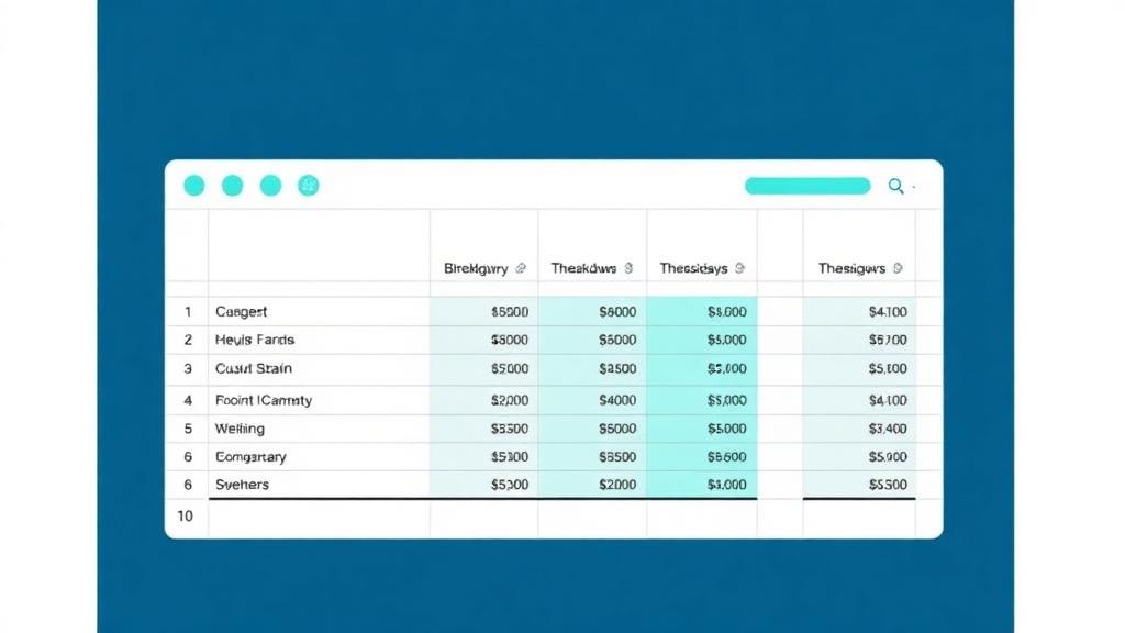 Flat illustration of a spreadsheet with budget columns and cost breakdown categories in deep blue, teal, and gray
