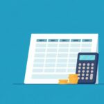 Organized budget spreadsheet with stacked coins and calculator, featuring deep blue and teal geometric elements
