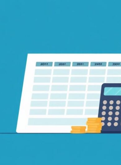 Organized budget spreadsheet with stacked coins and calculator, featuring deep blue and teal geometric elements