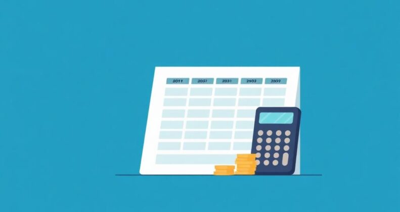 Organized budget spreadsheet with stacked coins and calculator, featuring deep blue and teal geometric elements
