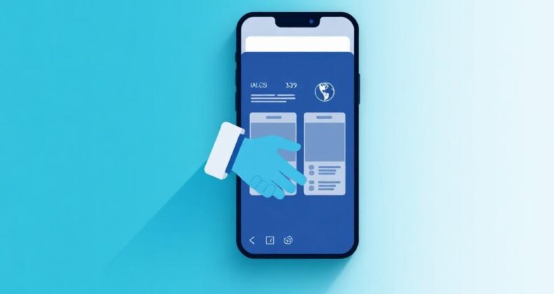 Smartphone screen displaying app interface wireframes with geometric elements in deep blue, teal, and gray