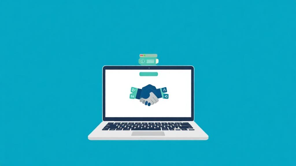 Laptop screen displaying stacked technology icons including code brackets on a minimal flat illustration with deep blue 
